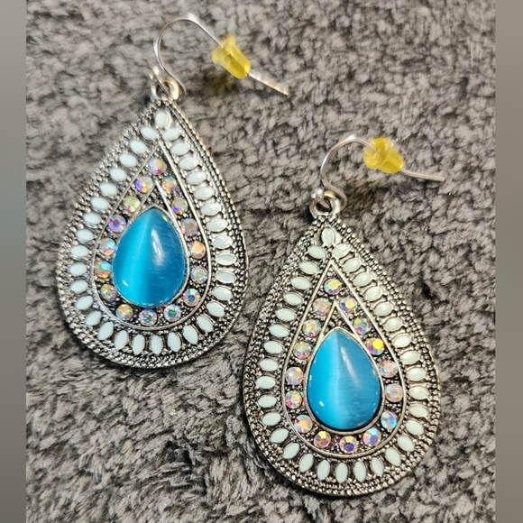 Bohemian Blue and Silvertone Teardrop Earrings with AB Crystals - Picture 1 of 1